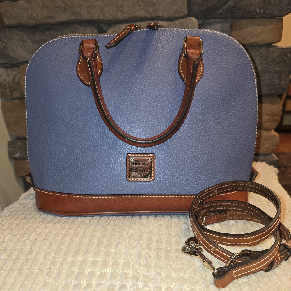 Dooney & Bourke Blue and Brown Pebble Leather Satchel with Detachable Strap
